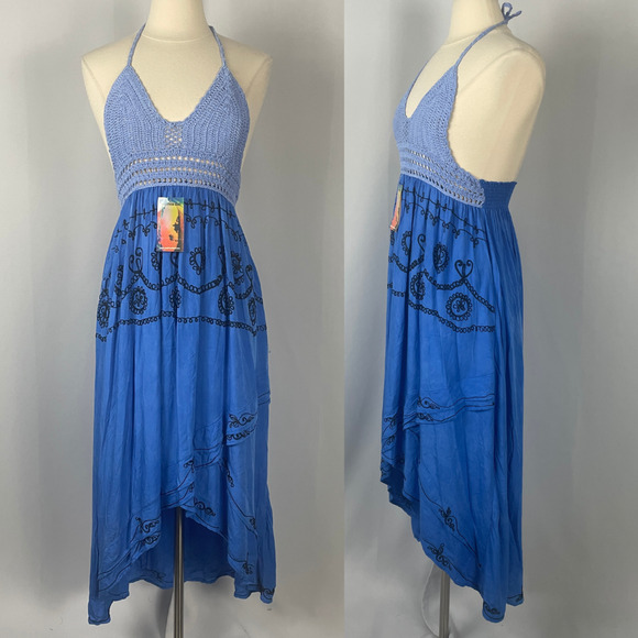 Boho Midi Dress Size Small Blue Embroidered Crochet Hi Low Beach Gypsy Festival - Picture 1 of 16